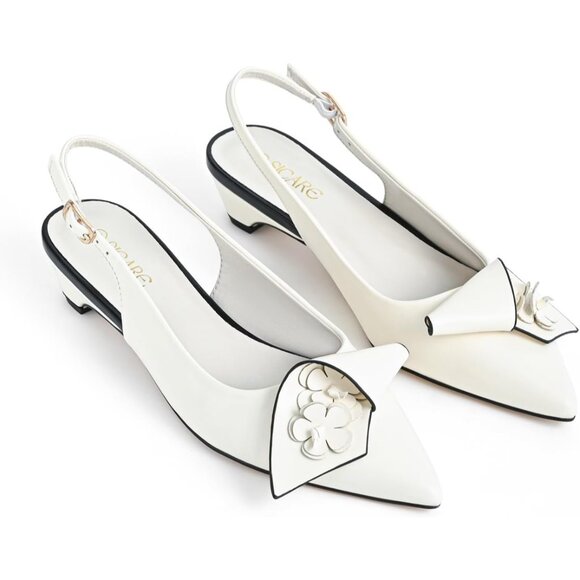 Sicare Slingback Heels Pumps Synthetic White Women Flower Block Heel Dress Shoes - Picture 3 of 13